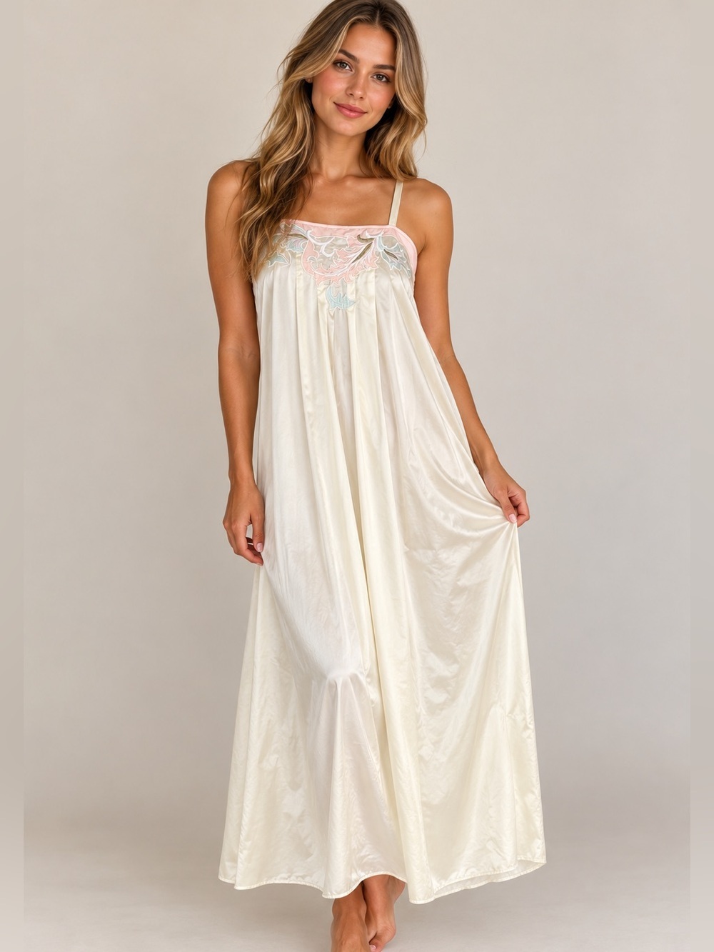Vintage Natori Ivory Satin Chemeise with Pink Lace Accents